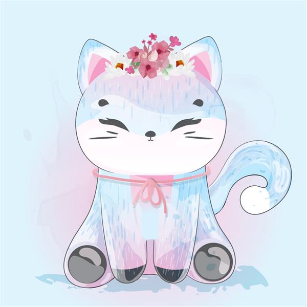 گربه دودل نقاشی آبرنگ به رنگ گل