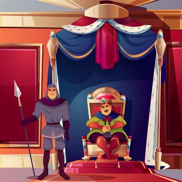 اتاق تاج و تخت با شاه و نگهبان شدید او