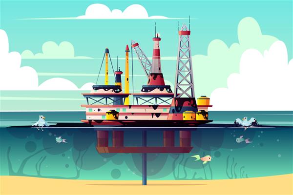تصویر کارتونی دکل نفتی در اقیانوس