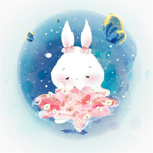 خرگوش دودل نقاشی آبرنگ به رنگ گل