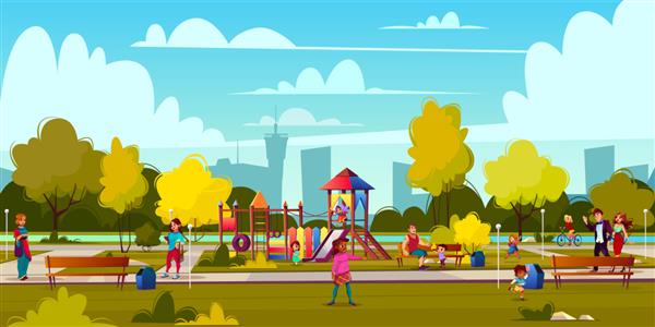 وکتور پس زمینه زمین بازی کارتونی در پارک با مردم کودکان در حال بازی