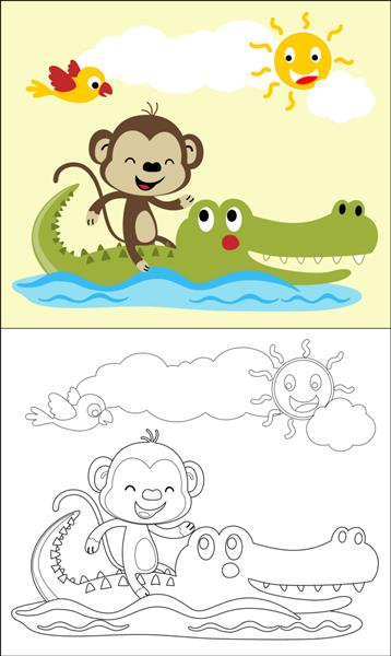 کارتون سواری میمون بر روی کروکودیل در رودخانه در تابستان