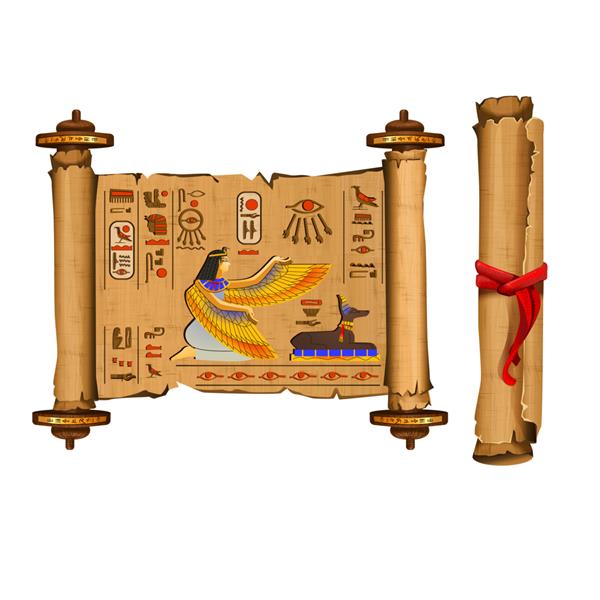مجموعه وکتور کارتونی طومار پاپیروس مصر باستان با هیروگلیف و فرهنگ مصری