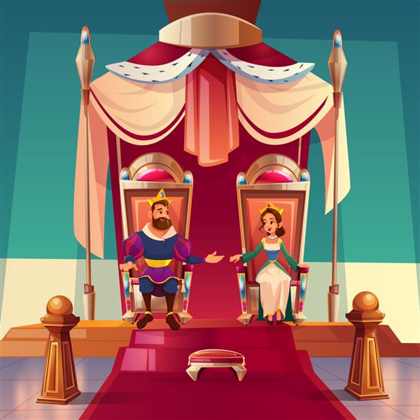 پادشاه و ملکه در کاخ بر تخت نشسته اند