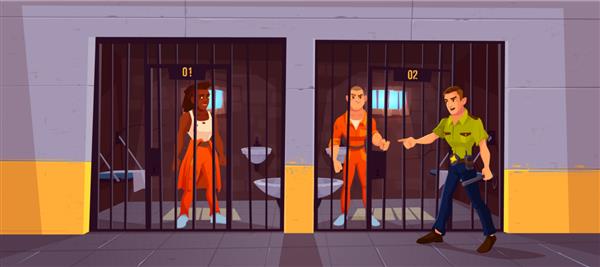 زندانیان در زندان و پلیس افرادی با لباس های نارنجی در سلول