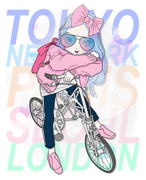 دختر ناز طراحی شده با دست در حال دوچرخه سواری