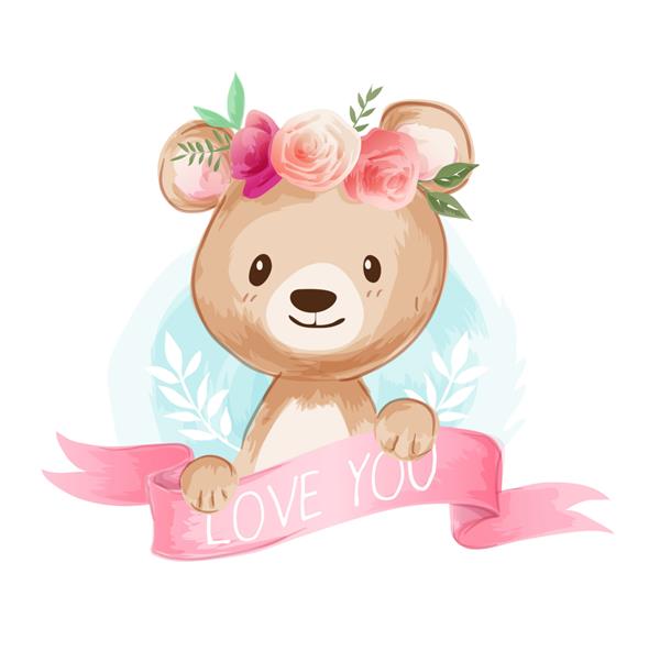 خرس کارتونی زیبا روی تصویر تاج گل