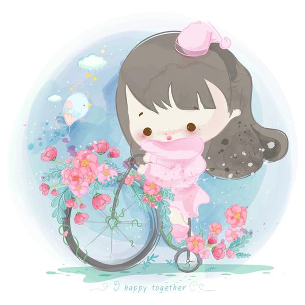 دختر آبرنگ روی دوچرخه با گل