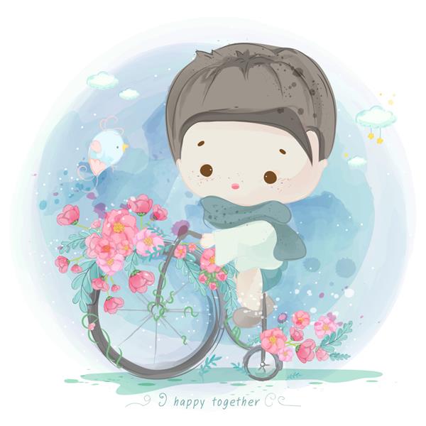 پسر آبرنگ سوار بر دوچرخه با گل
