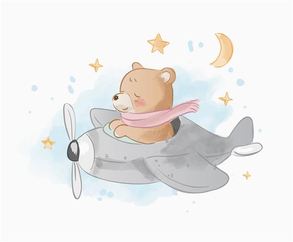 خرس کارتونی ناز در تصویر هواپیما