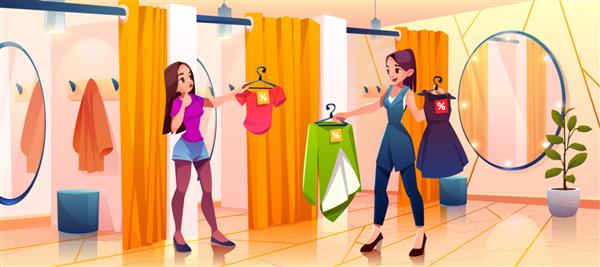 زن در اتاق زیور آلات لباس های موجود در فروشگاه را امتحان می کند