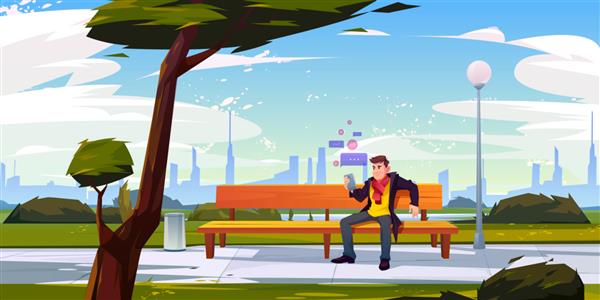 مردی با گوشی هوشمند روی نیمکت پارک شهر نشسته است