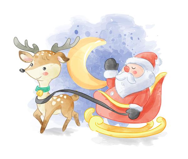 تصویر بابا نوئل روی سورتمه و گوزن