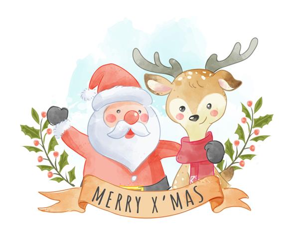 بابا نوئل و گوزن شمالی زیبا با علامت کریسمس