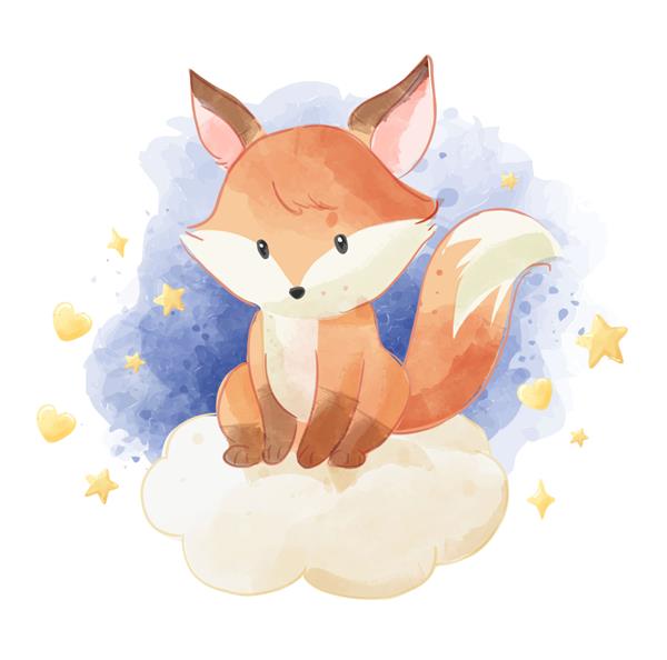 روباه ناز روی ابر با ستاره ها نشسته است