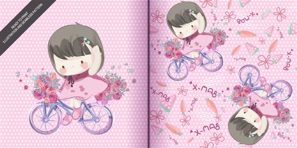 دختری طراحی شده با دست در حال دوچرخه سواری