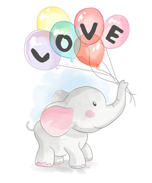 فیل کارتونی که بادکنک های عشق در دست دارد