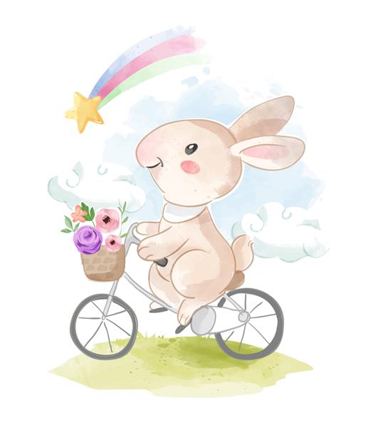 خرگوش ناز دوچرخه سواری و تصویر رنگین کمان