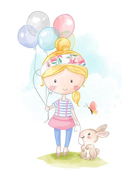 تصویر دختر کارتونی که بادکنک در دست دارد و تصویر خرگوش