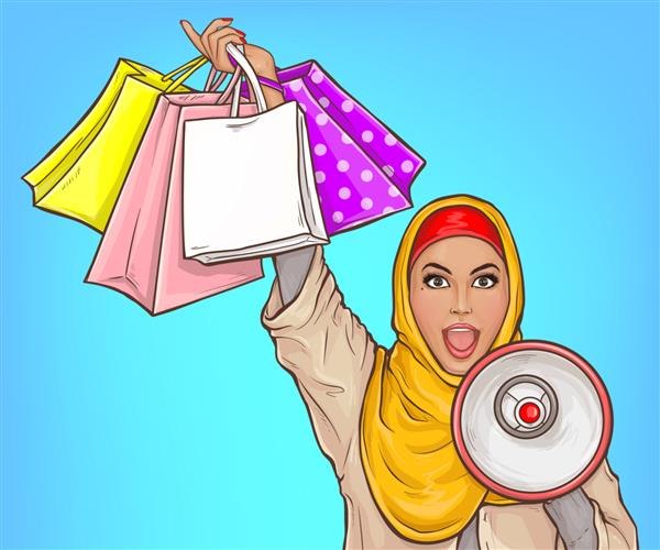 تصویر کارتونی زن عربی با حجاب با بلندگو و کیف خرید