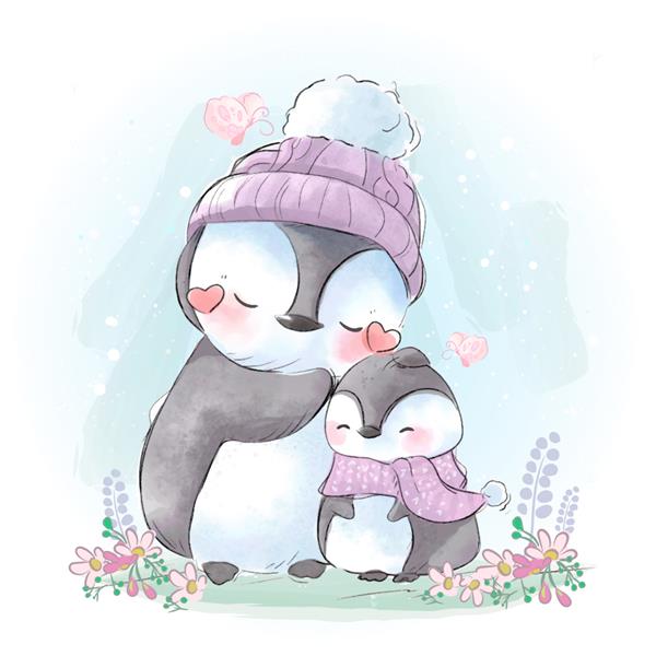 نقاشی مادر و پسر یک پنگوئن متصل در هوای سرد زمستانی که در راه است