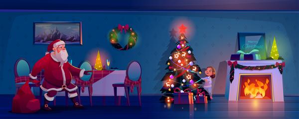 بابا نوئل به سمت درخت کریسمس برای قرار دادن هدایایی تصویر کارتونی