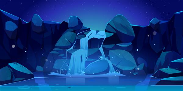 تصویری از آبشار و صخره در شب