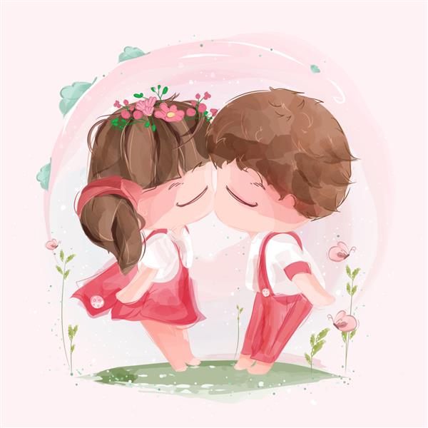 یک زوج دوست داشتنی در حال بوسیدن در روز ولنتاین در میان طبیعت پر جنب و جوش