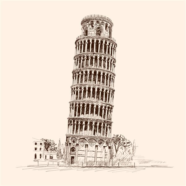 برج کج پیزا ایتالیا طرح مداد در زمینه بژ