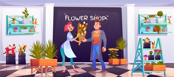 مردی در حال خرید دسته گل در گل فروشی فروشگاه گل فروشی