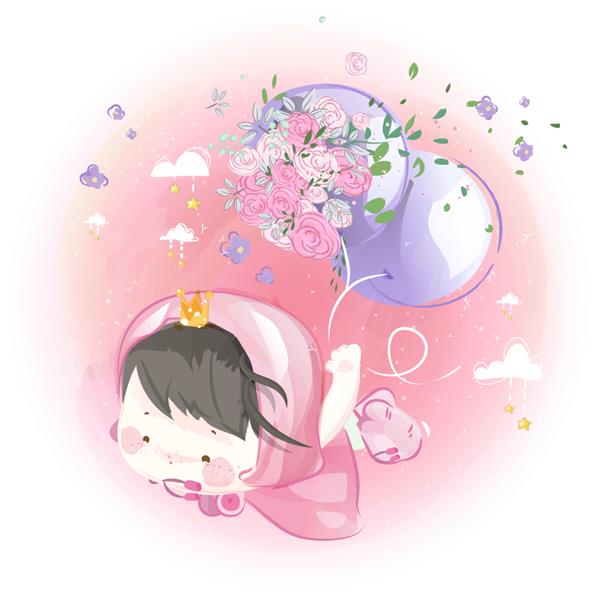یک شاهزاده خانم کوچک بامزه با بادکنک های بنفش و گل در آسمان روشن