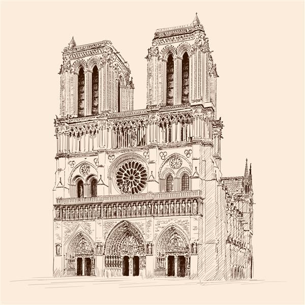 کلیسای جامع کاتولیک گوتیک نوتردام د پاریس در پاریس فرانسه طرح مداد