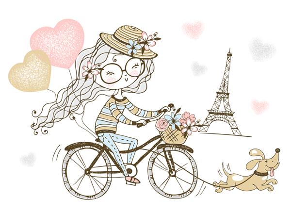 دختر ناز با سگش در پاریس دوچرخه سواری می کند