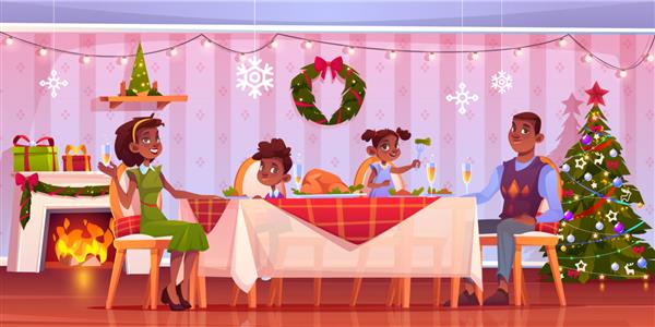شام کریسمس خانواده شاد نشسته در میز جشن تزئین شده با غذا و نوشیدنی تصویر کارتونی
