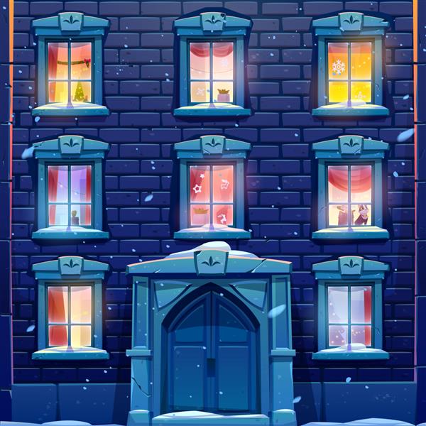 پنجره های شب خانه یا قلعه با دکوراسیون کریسمس و سال نو