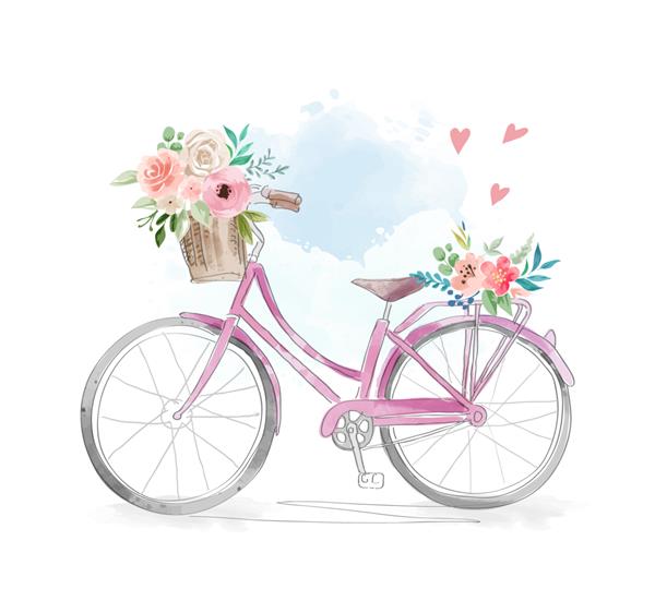 دوچرخه آبرنگ با گل در تصویر سبد