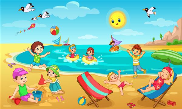 تصویرسازی کودکان در حال بازی در ساحل