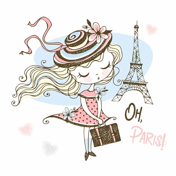 دختر ناز با کلاه با چمدان در پاریس مسافرت رفتن