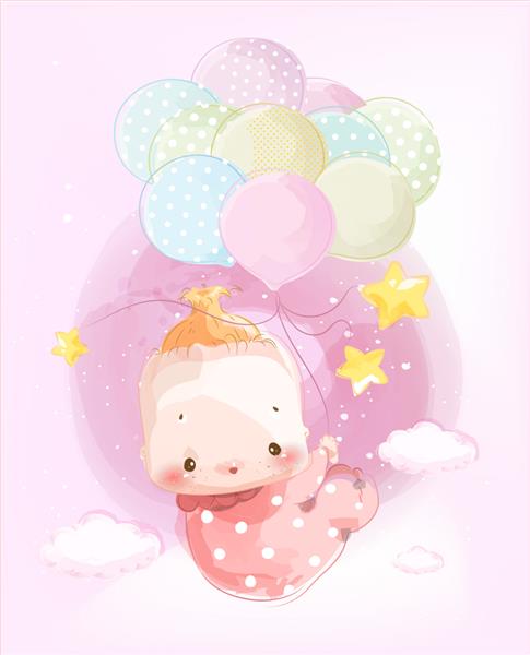 تصویری از یک نوزاد تازه متولد شده برای مونتاژ کارت حمام نوزاد بامزه شناور در آسمان با یک بالون