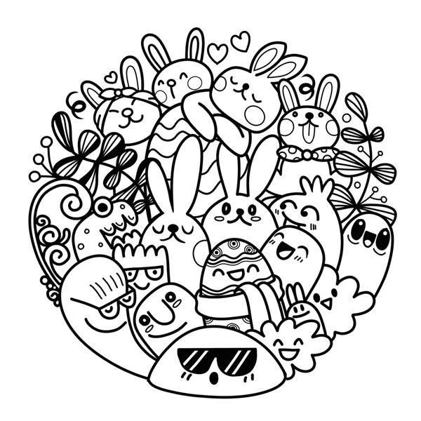 ست عید پاک با خرگوش های زیبا گل و تخم مرغ طراحی دایره ای عناصر و نشانه ها به سبک کارتونی تصویر