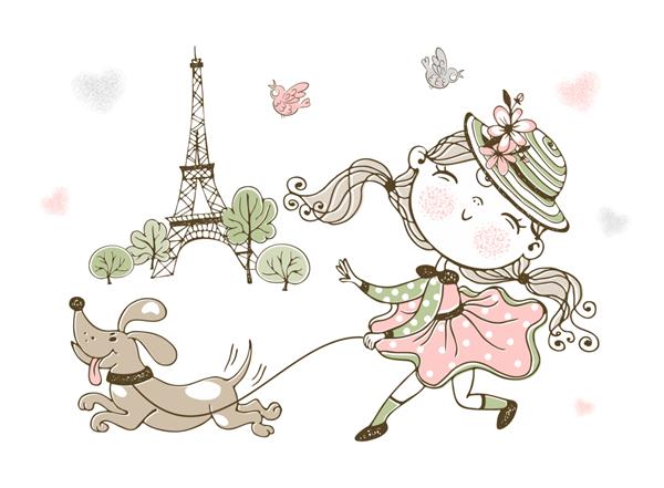 دختر کوچولوی بامزه ای که سگش را در پاریس قدم می زند