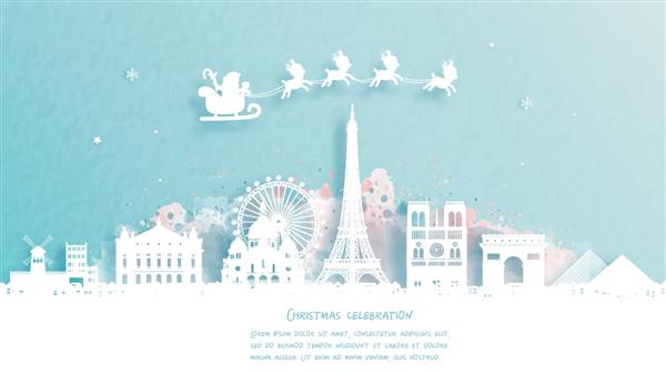 کارت کریسمس با سفر به پاریس مفهوم فرانسه بابا نوئل زیبا و گوزن شمالی نقطه عطف معروف جهان