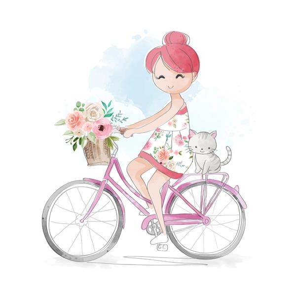 تصویر دختر کارتونی ناز با گربه کوچک دوچرخه سوار