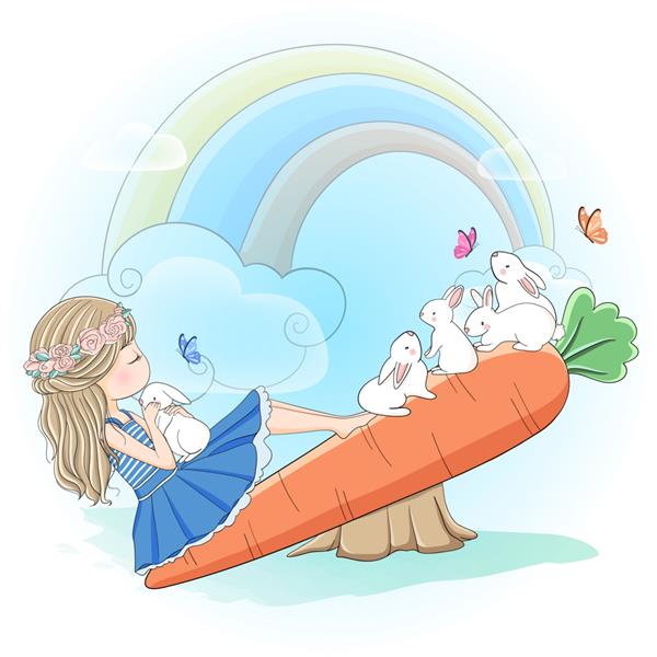 دختر ناز در حال بازی با خرگوش روی الاکلنگ هویج