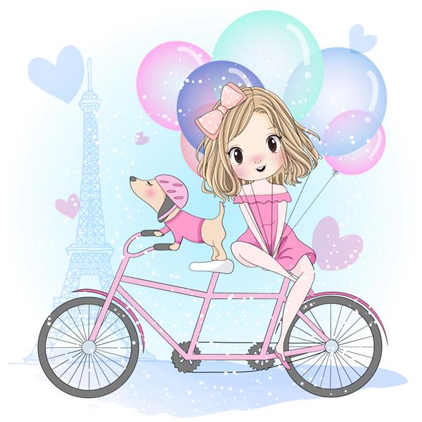 دختر ناز با دست کشیده با سگ ناز که در دوچرخه نشسته است