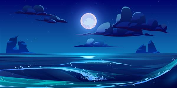 منظره دریا در شب با ماه ستاره ها و ابرها