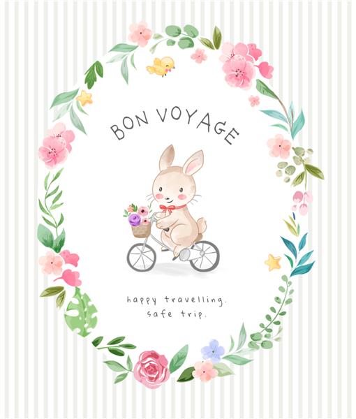 شعار خوش سفر با خرگوش ناز دوچرخه سواری در تصویر قاب گل
