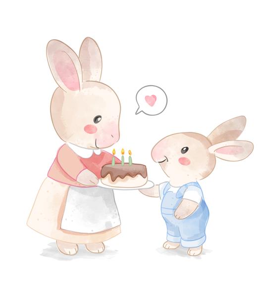 خرگوش ناز مادر و پسر با تصویر کیک تولد