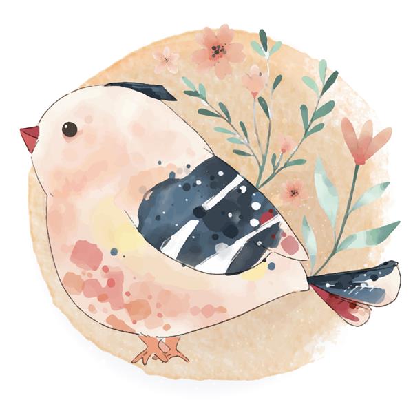 تکشاخ پرنده ناز با آبرنگ روی شاخه ای با گل ها و برگ های استوایی نقاشی شده است