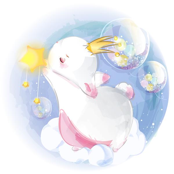 خرگوش حیوانی زیبای استوایی با آبرنگ روی شاخه ای با گل ها و برگ های استوایی نقاشی شده است